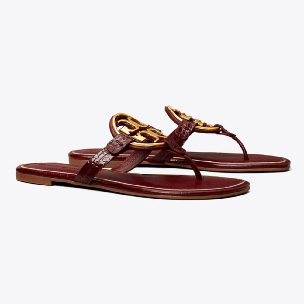 Tory Burch Miller Metal-Logo Sandal, Embossed Leather in Roma Red